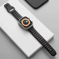Fluoro rubber Apple Watch replacement strap with T buckle in black, blue, grey, orange, pink, or starlight.