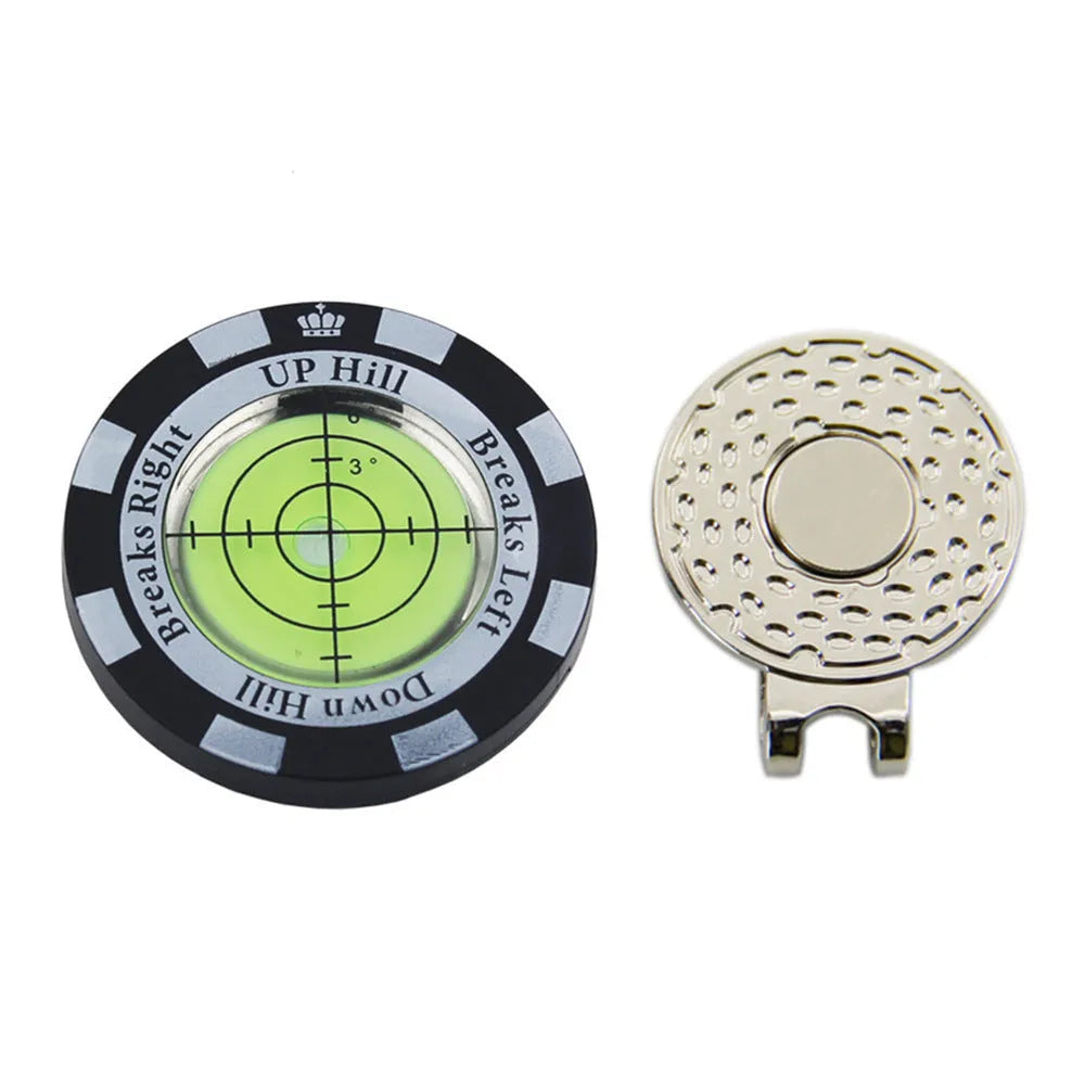 Golf Level Hat Clip attached to golf hat brim showing green distance measurement display