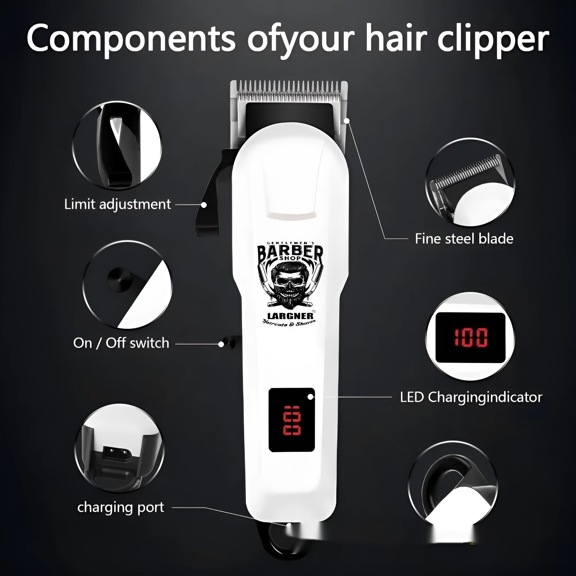 Rechargeable hair clipper set with stainless steel cutter head and USB charging port in 4 in 1 suit packaging