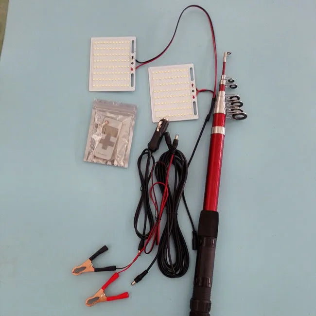 White LED fishing rod light on a telescopic pole with a remote control, showing the 120x95mm panel.