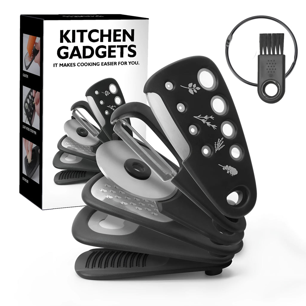 Six kitchen gadgets stacked together with cleaning brush in colour box packaging