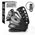 Six kitchen gadgets stacked together with cleaning brush in colour box packaging