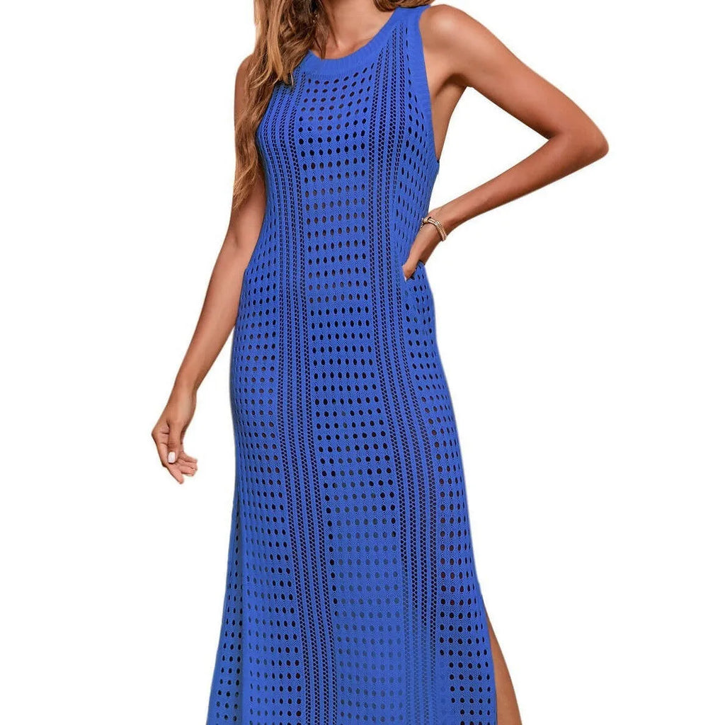 Women's long loose beach blouse in a hollow-out cotton blend knit, shown in a solid colour.