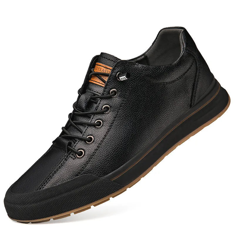 Men's white and black matte leather casual shoes with flat heel and round toe, showing hollow-out, standard, and fleece-lined versions.