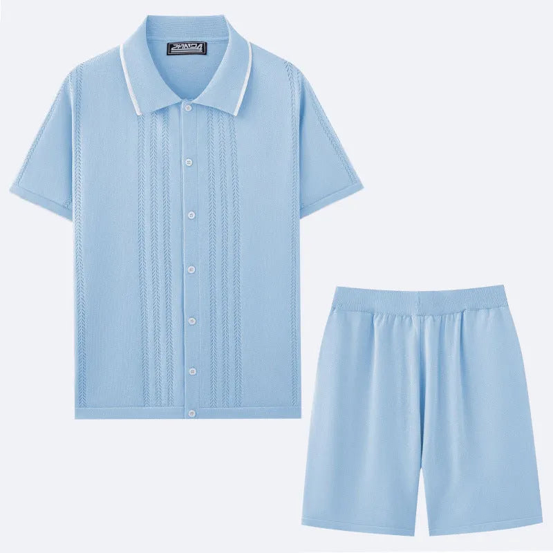 Business casual short sleeve knit sweater and matching shorts set in Tencel viscose fabric.