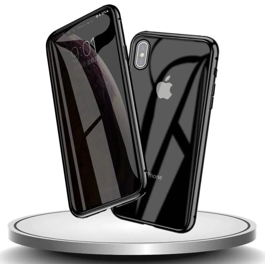 Glass anti-spy clamshell phone case for iPhone in black, blue, gold, green, red, or silver.