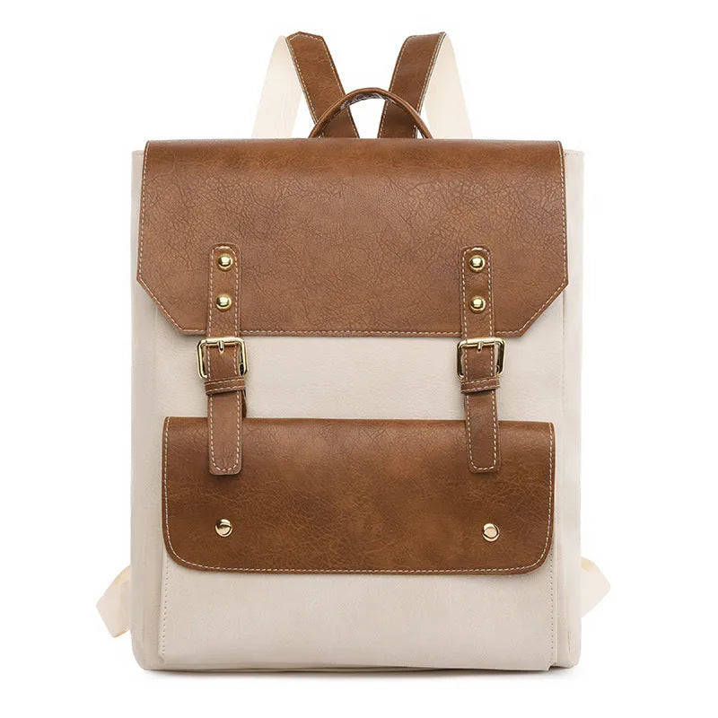 Korean style soft PU retro backpack shown in black, brown, creamy white, and dark brown.