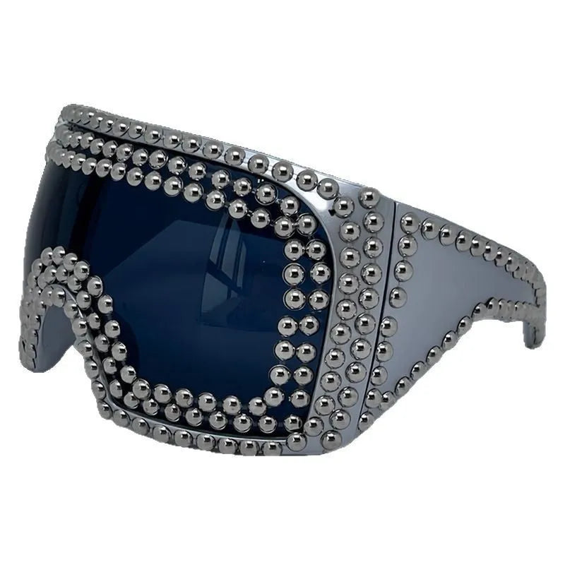 Men's punk style sunglasses with super large square frame and metal rivet details in gold colour
