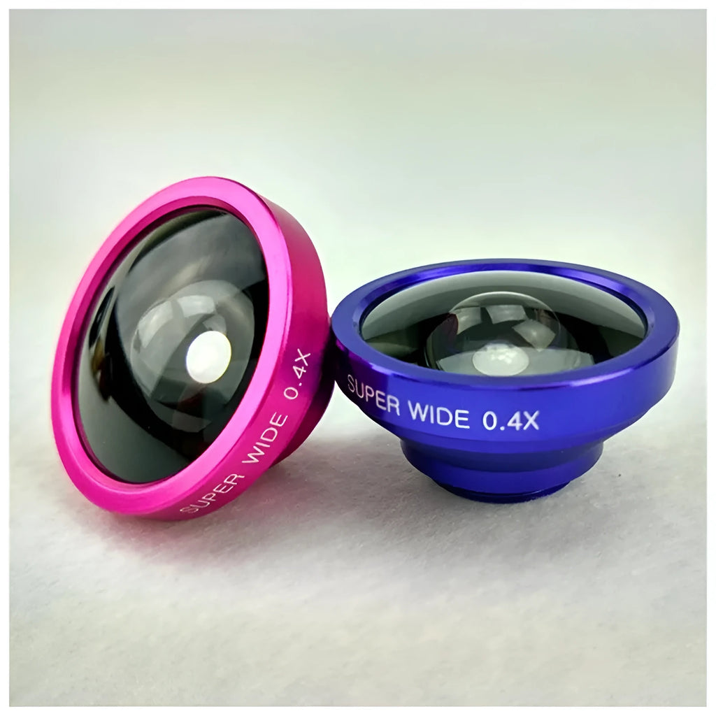 Three-part smartphone lens kit showing fisheye, wide angle, and macro lenses with aluminium housing