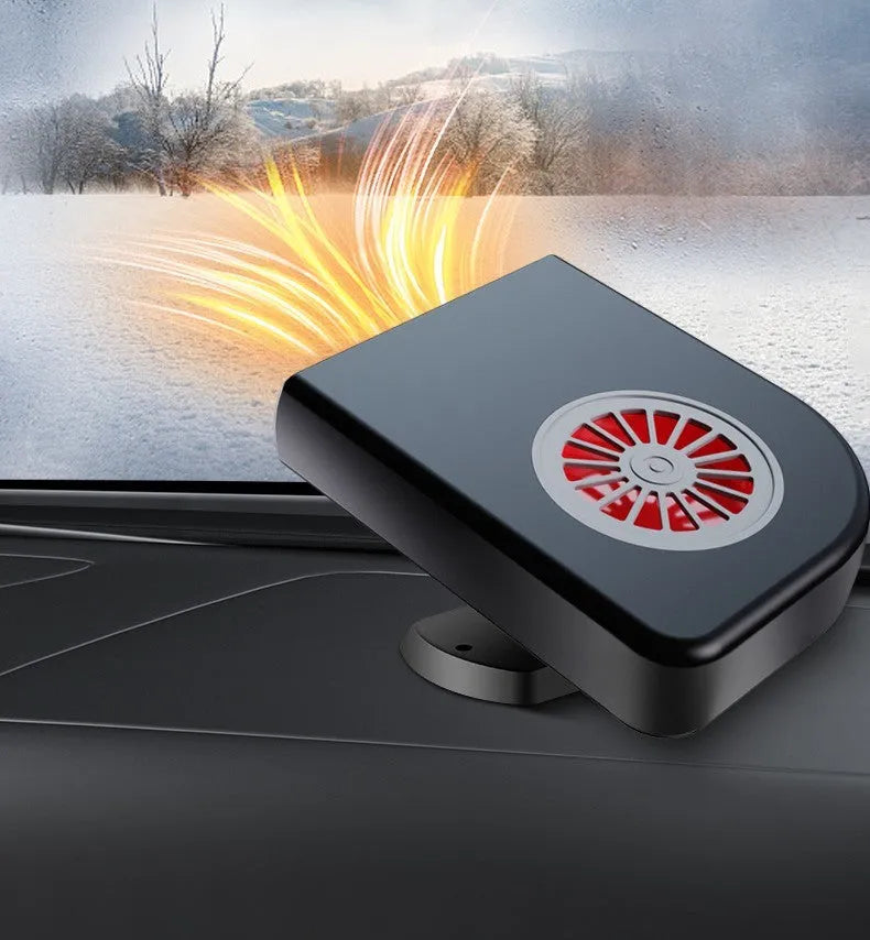 Black vehicle-mounted heater showing adjustable vents, dimensions 11x6.5x14cm, with double-sided adhesive.