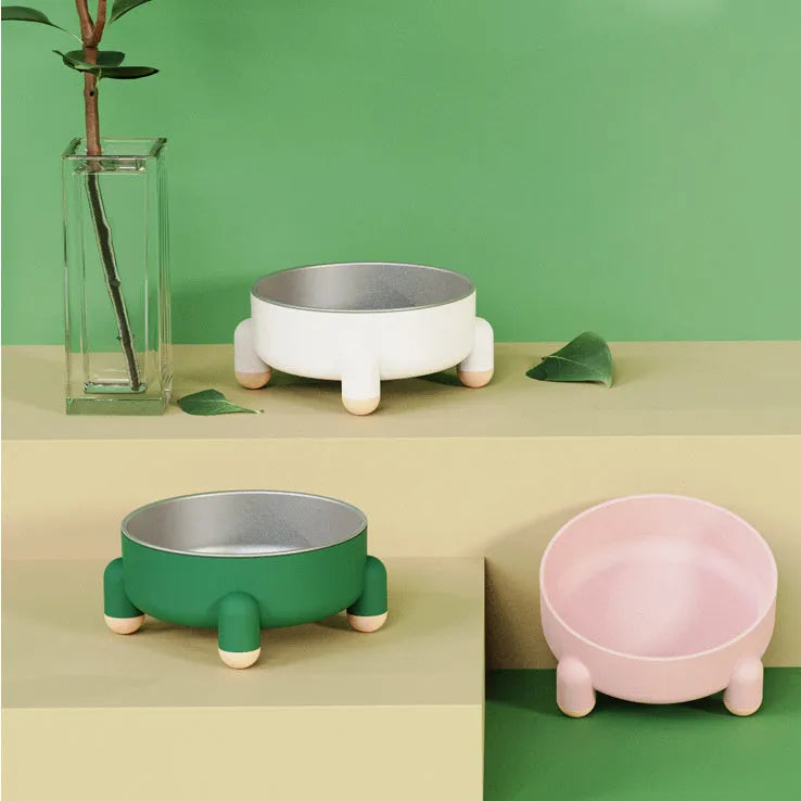 Green stainless steel raised pet bowl with anti-slip high-foot base for dogs and cats.