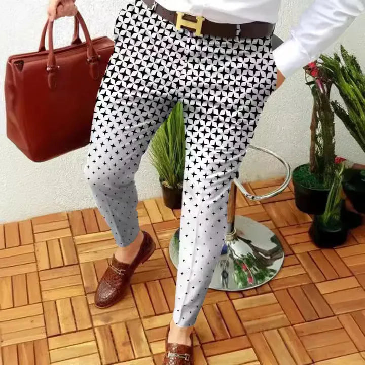 Men's slim-fit plaid casual trousers with straight-leg design and elastic fabric