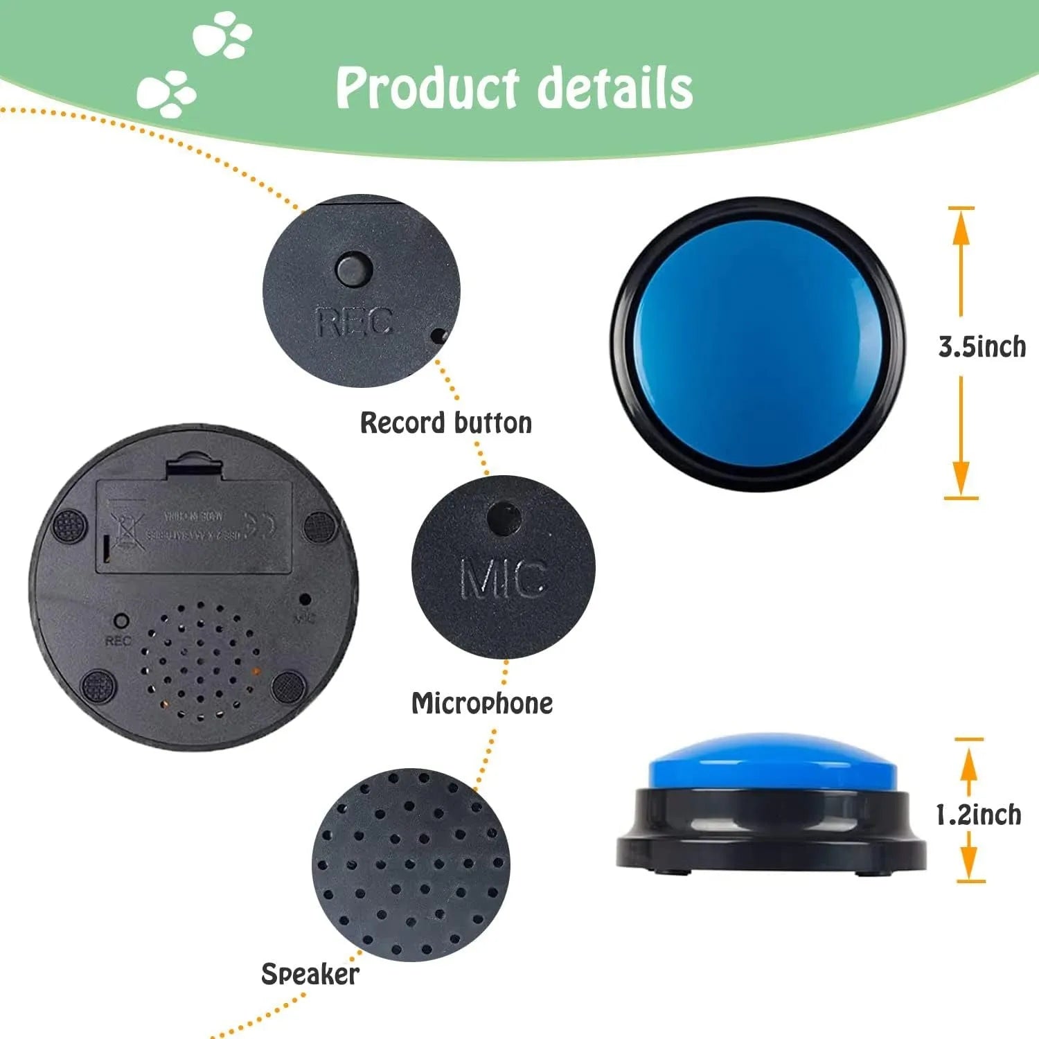 Blue voice recording button for dog training showing record and playback function