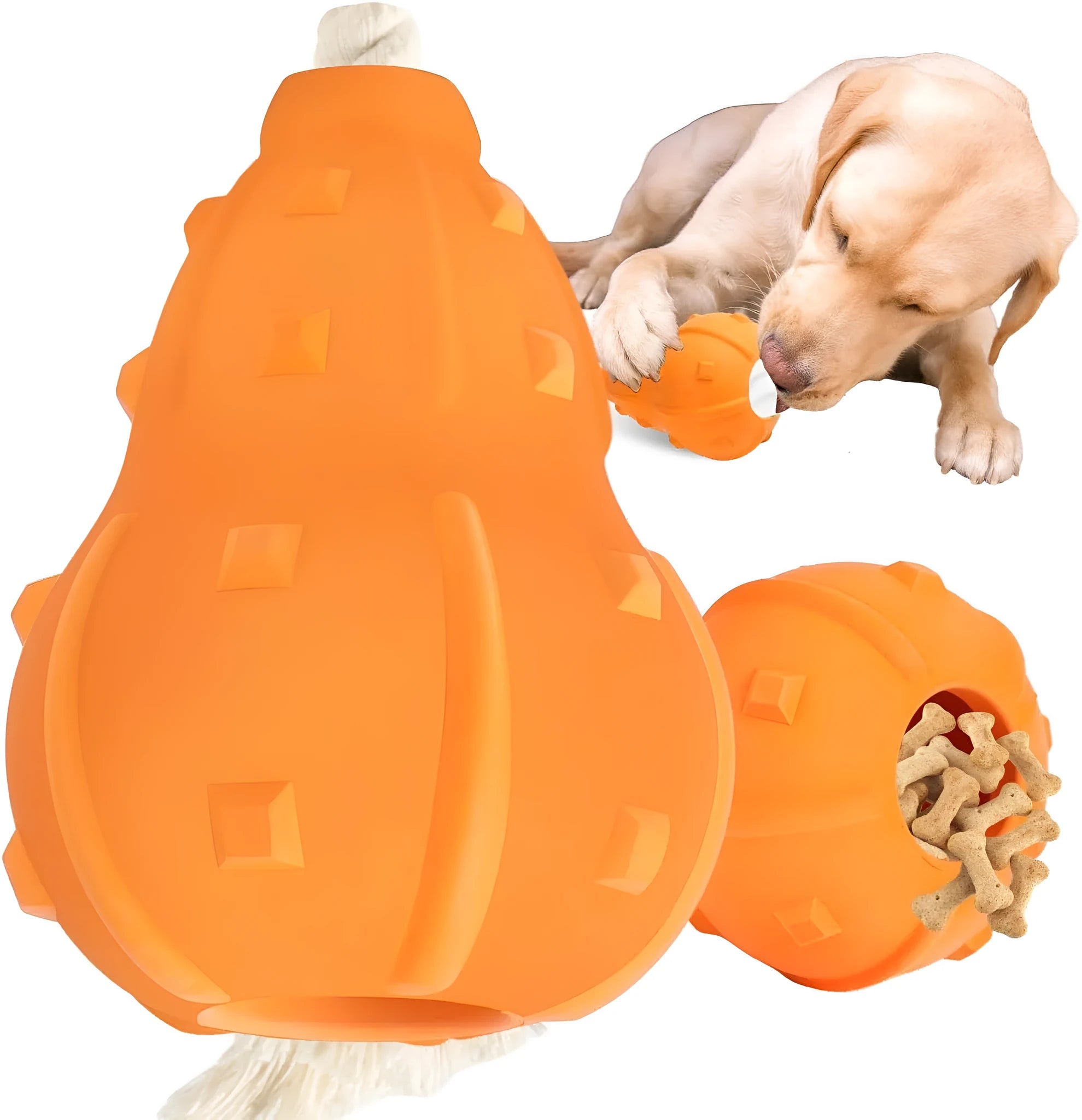 Natural rubber dog toy with longer strap, hollow treat-dispensing centre, for small medium breed dogs.