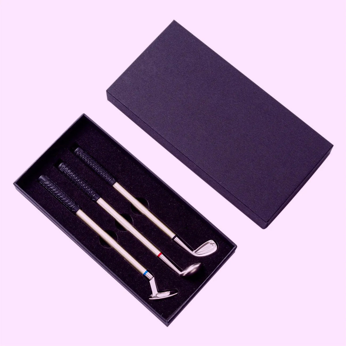 Three metal ballpoint pens with golf suit pattern design showing 0.7mm bullet-type pen heads