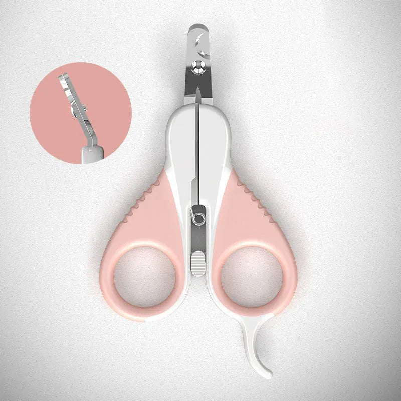 Grey and pink angled pet nail clippers with safety lock and rubber handles.