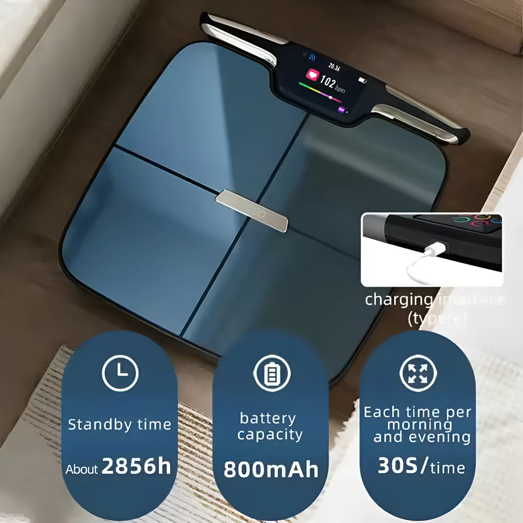 Black eight-electrode body fat smart scale showing electronic display, 45cm square.