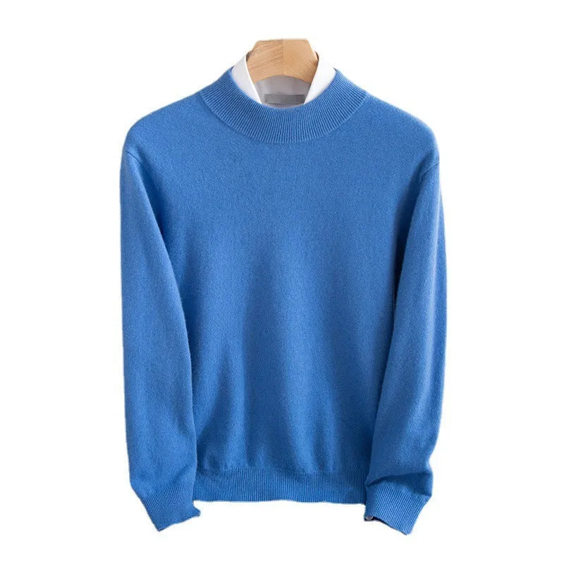 Man wearing a loose-fit half-collar wool sweater in a neutral colour for winter.