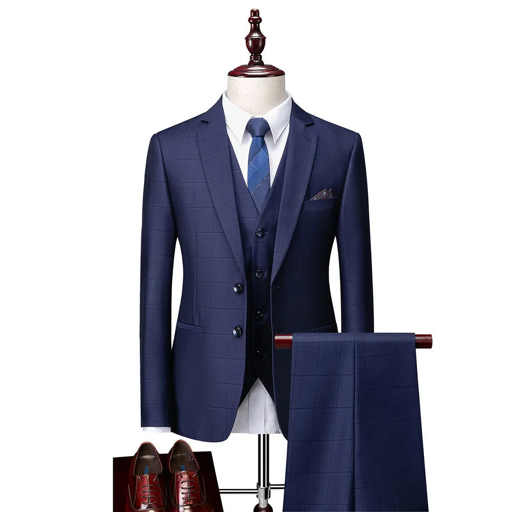 Men's navy blue three-piece business casual suit with slim fit plaid design showing jacket, vest and trousers