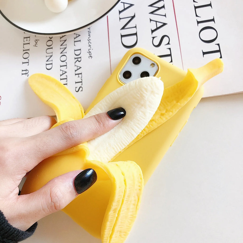 IMD solid colour iPhone case featuring a large open banana graphic, compatible with multiple iPhone models.
