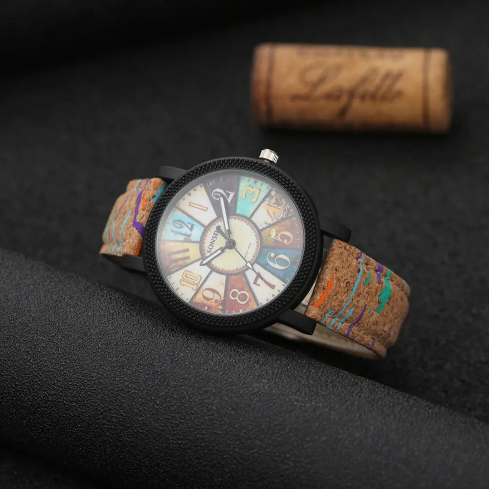 Women's vintage quartz wrist watch with brown leather strap and 37mm round dial