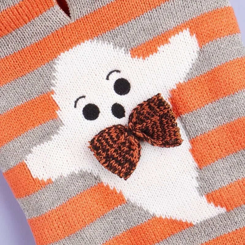 Orange striped hooded pet sweater with knitted acrylic construction and fur ball detail