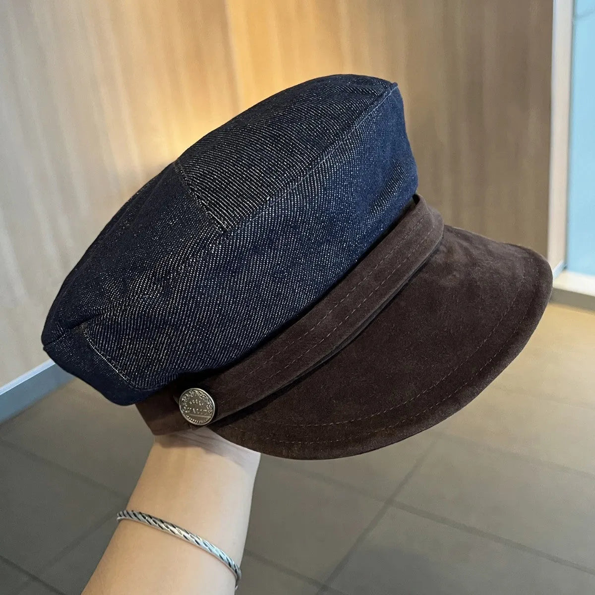 British retro octagonal denim newsboy hat with adjustable sizing