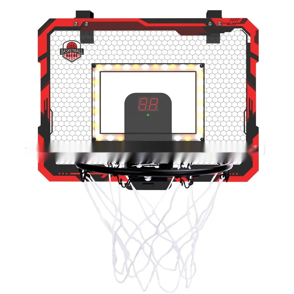 Red and blue folding basketball frame with suction cups, iron hook, and parallel panels for indoor dunk practice