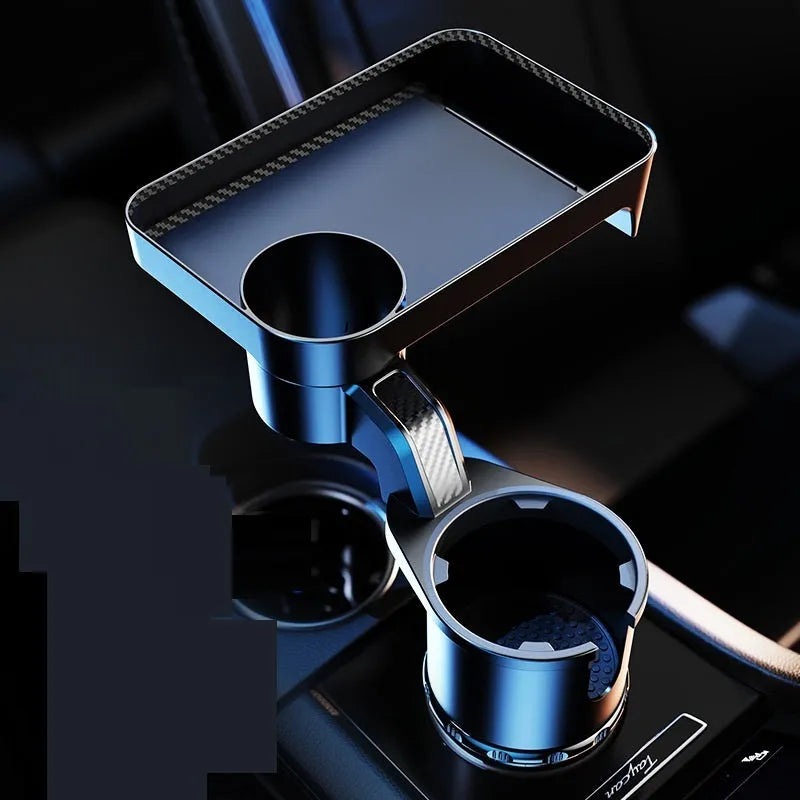 Black ABS plastic car cup holder with 360-degree rotating dinner plate on vehicle dashboard