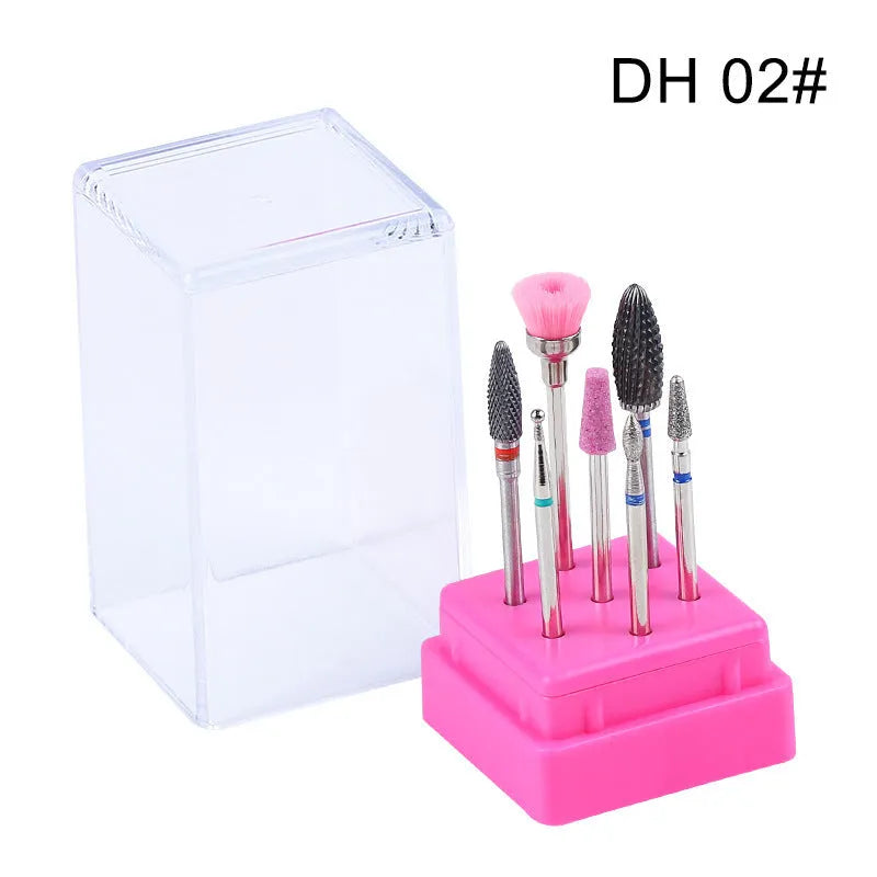 Tungsten steel nail drill polishing head set with six bits and a brush in a transparent case.