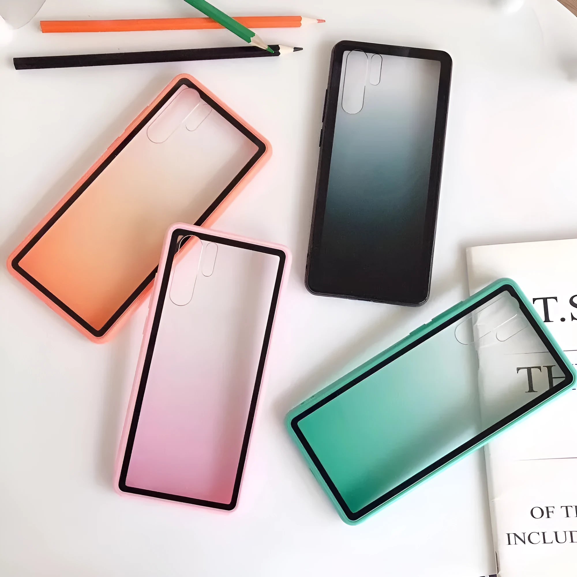 Rainbow gradient Huawei smartphone case in black green orange pink colours showing back cover design