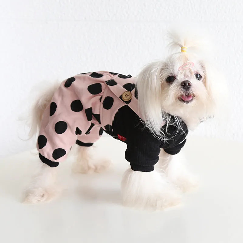 Dog wearing lapel strap cloth clothing in Casual style, showing Four-legged and Skirt design options.
