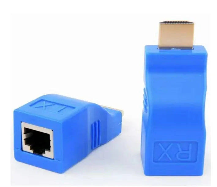 A pair of compact black HDMI extender units for transmitting 1080p video over a Cat-5e or Cat-6 network cable.