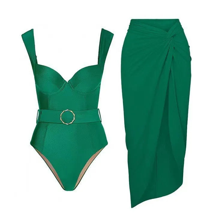 Women's sleeveless one-piece swimsuit with a gauze skirt overlay, available in multiple shoulder strap styles.