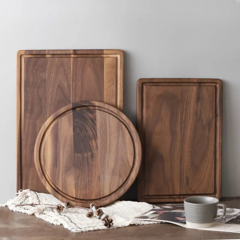 Black walnut wood cutting board with juice groove in three size options