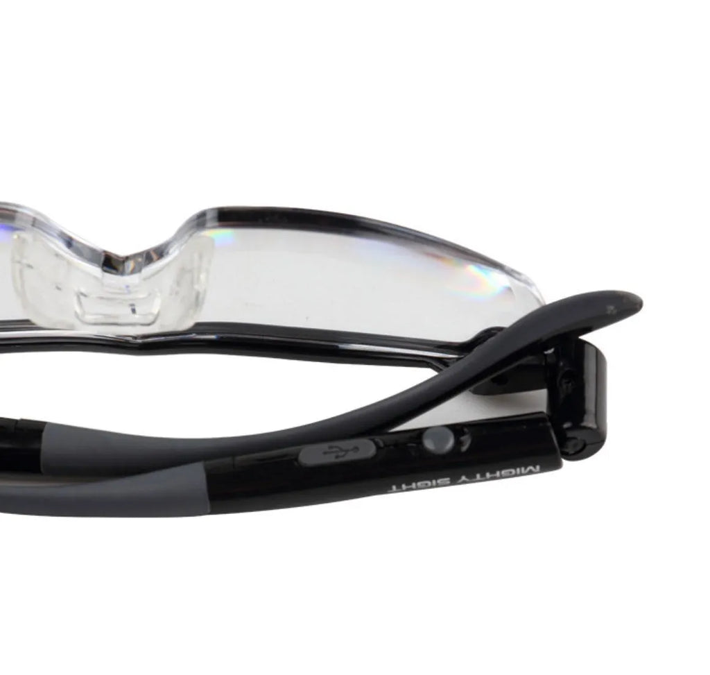 Transparent black USB LED reading light glasses with ABS plastic frame.