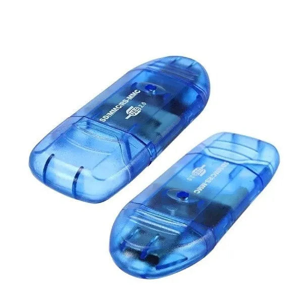 Transparent plastic USB card reader with LED light, showing memory card slots and USB connector.