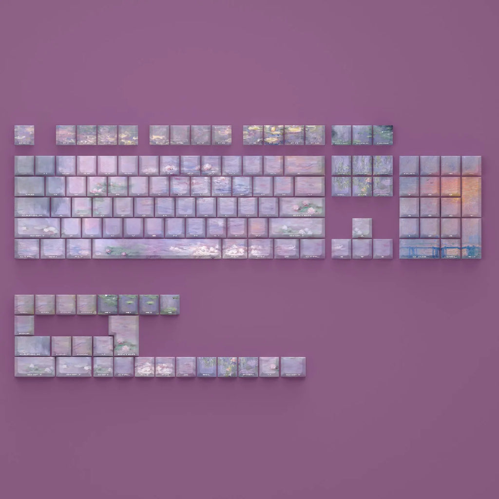 Water lily themed PBT mechanical keyboard keycap set with 130 keys and side-carved transparent characters.