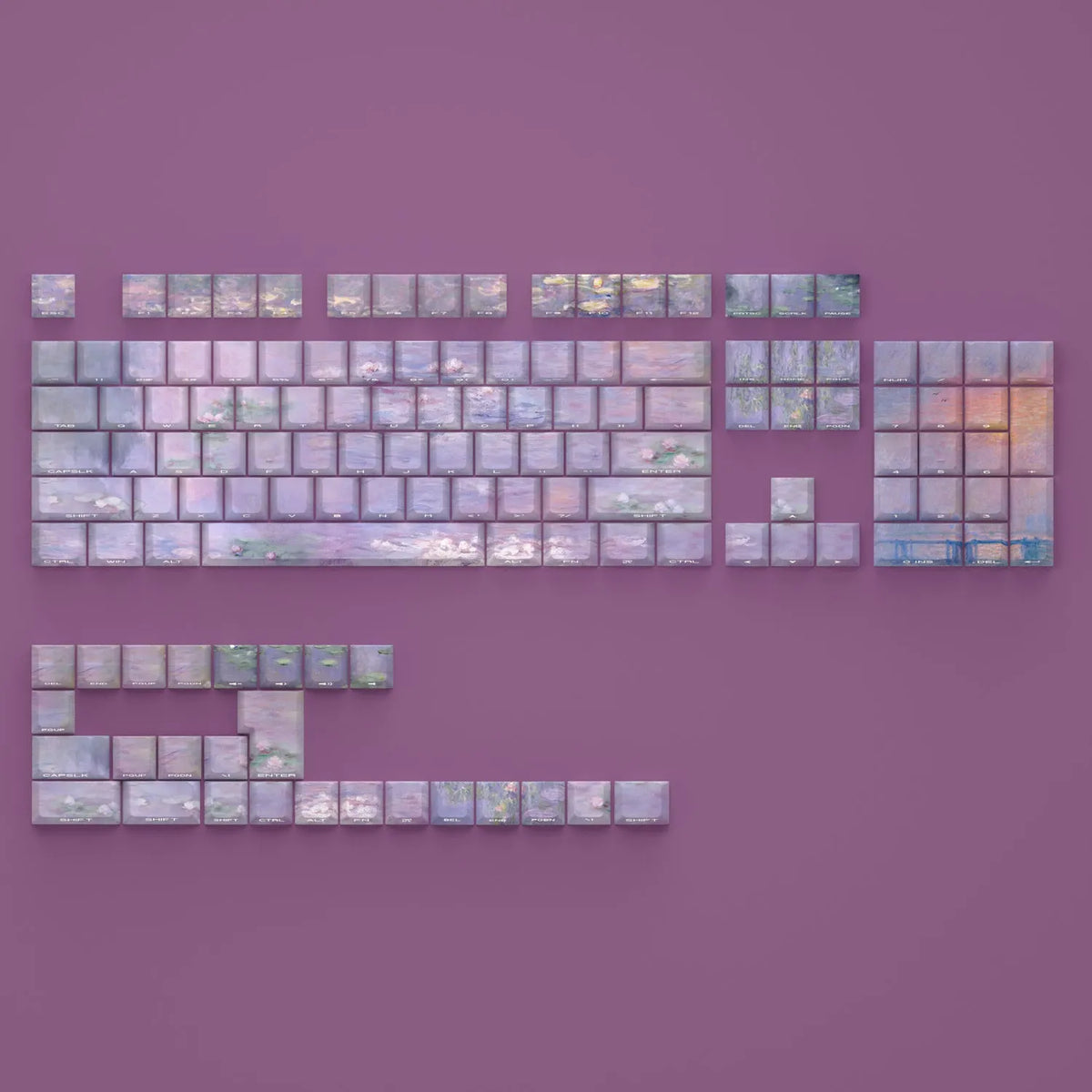 Water lily themed PBT mechanical keyboard keycap set with 130 keys and side-carved transparent characters.