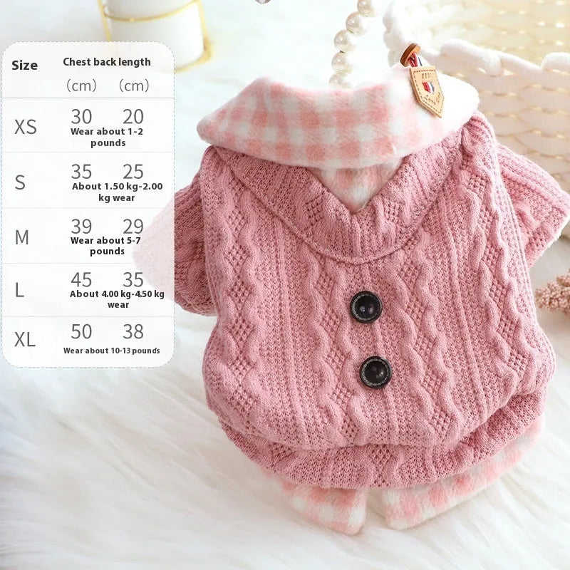 Blue wool plaid dog sweater with two-piece fleece-lined design for small to large dogs