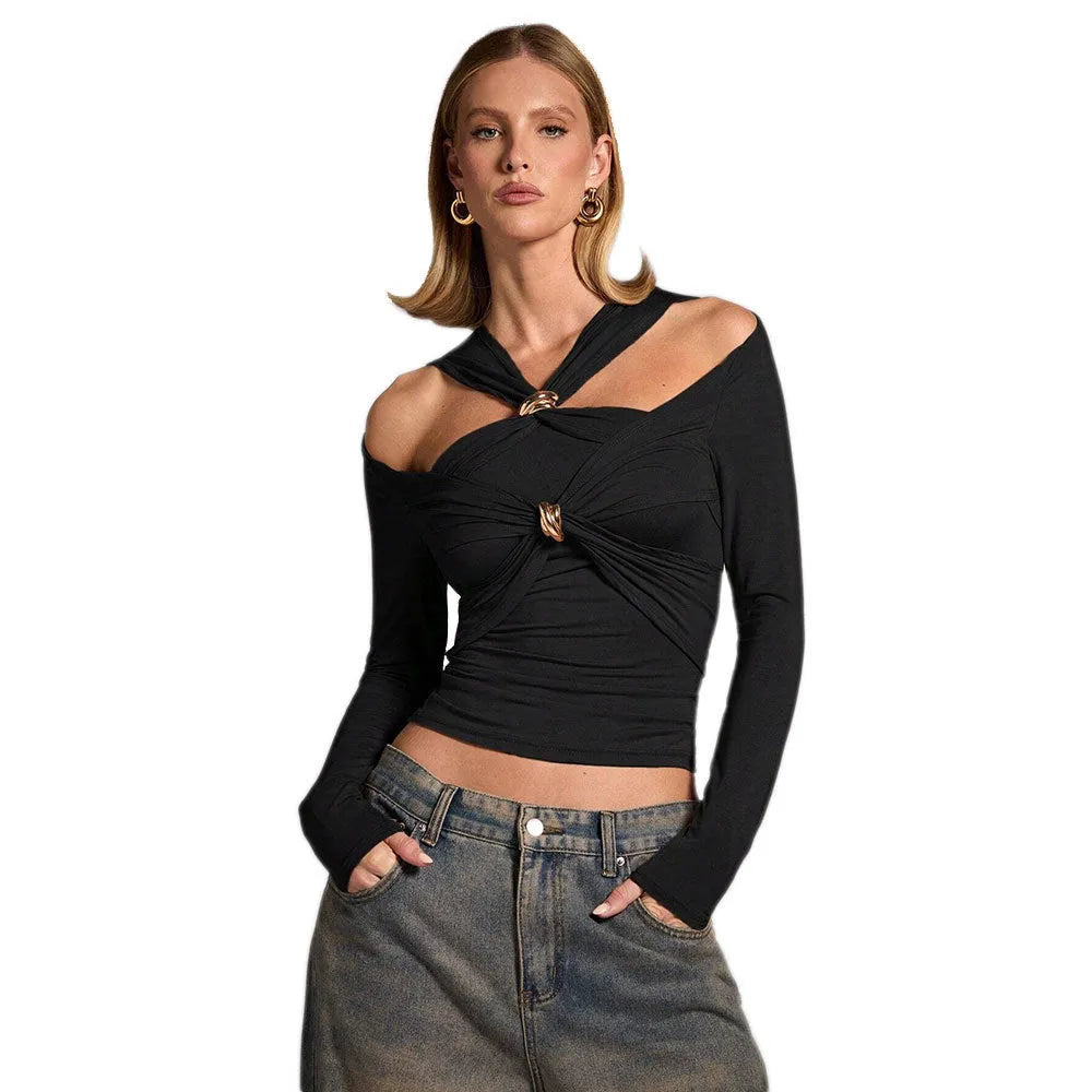 Black women's halter neck top with long sleeves and slim fit