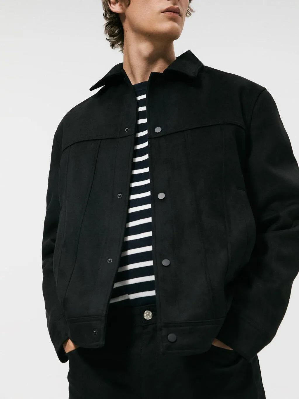 Black men's hooded jacket with a suede collar and side seam pockets