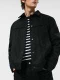 Black men's hooded jacket with a suede collar and side seam pockets