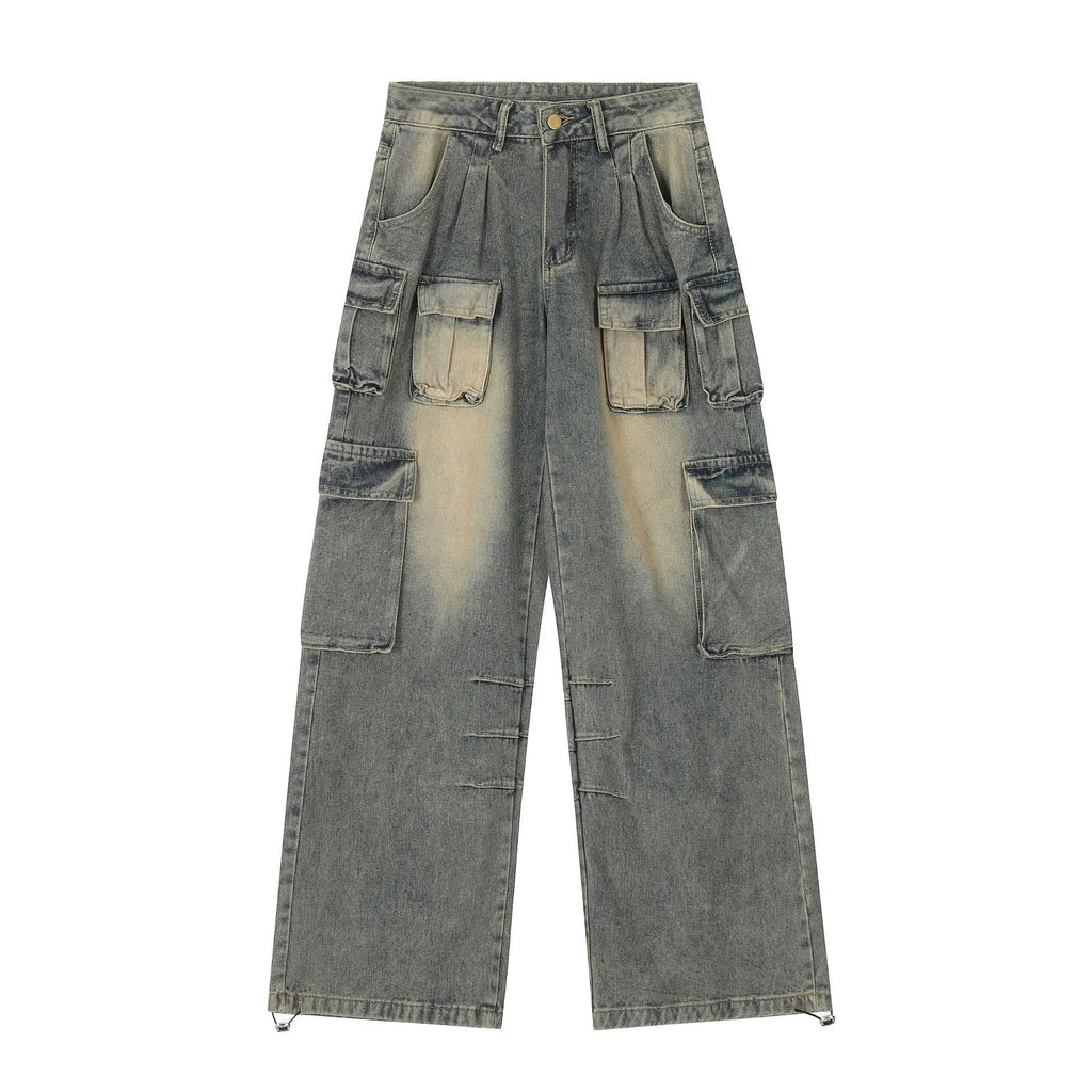 Loose fit multi-pocket distressed denim jeans in light blue colour with street hipster styling