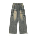 Loose fit multi-pocket distressed denim jeans in light blue colour with street hipster styling