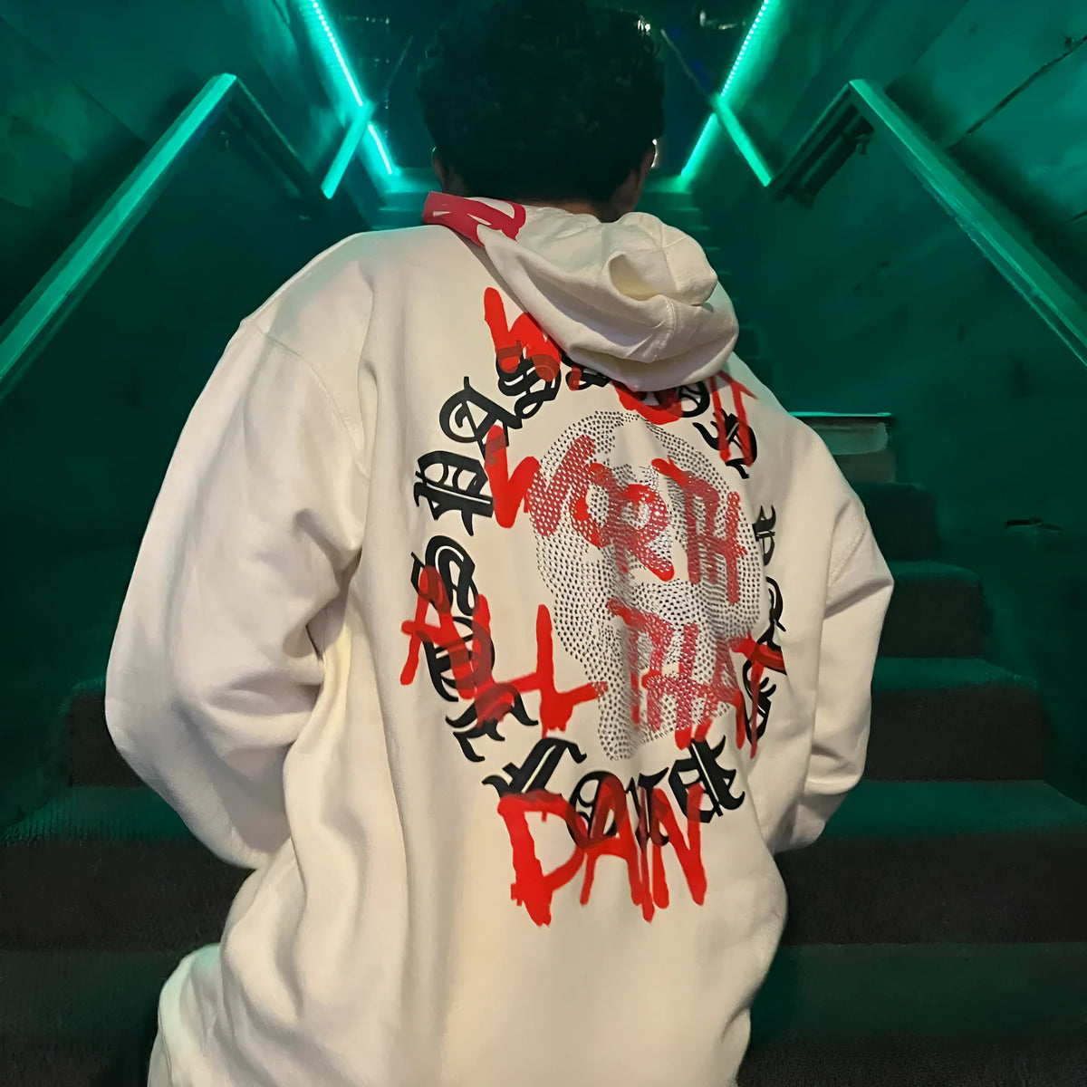 Printed letter skull pattern hooded sweatshirt with rhinestone details in black or white loose cardigan style