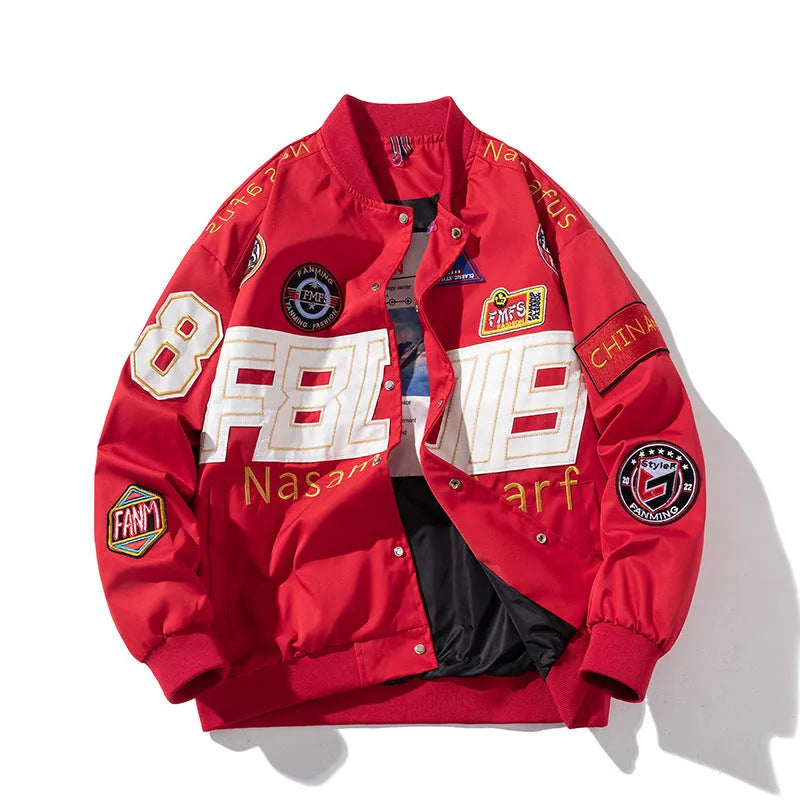 American motorcycle baseball uniform jacket in loose fit with detachable hood option