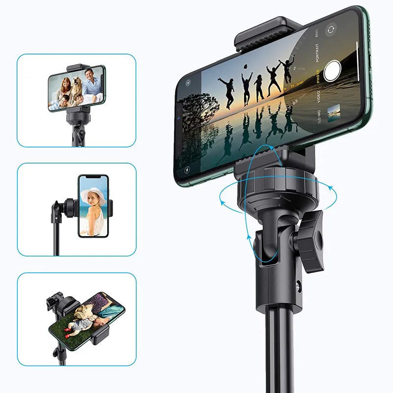 Black aluminium selfie stick tripod extended to full height with smartphone attached
