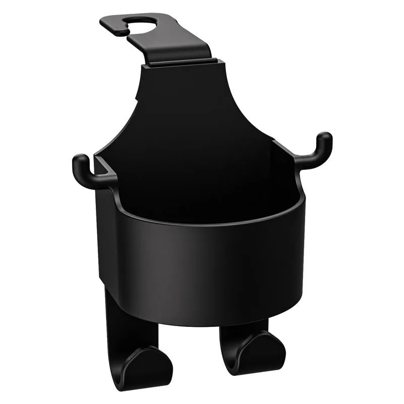 Black plastic car seat back hook organiser with built-in cup holder