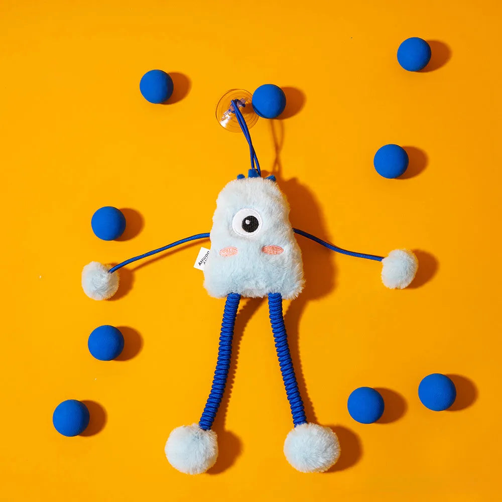 Blue telescopic elastic cat toy with plush attachments and mint bell on 30cm by 30cm background